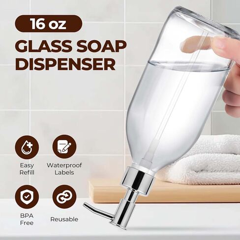 Homepicker 16 oz Clear Glass Soap Dispenser with Plastic Silver Pump, Glass Pump Bottle for Lotion Body Oil, 500ml Hand and Dish Soap Dispensers Set with Labels - 2 Pack in Saudi Arabia