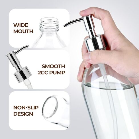 Homepicker 16 oz Clear Glass Soap Dispenser with Plastic Silver Pump, Glass Pump Bottle for Lotion Body Oil, 500ml Hand and Dish Soap Dispensers Set with Labels - 2 Pack in Saudi Arabia