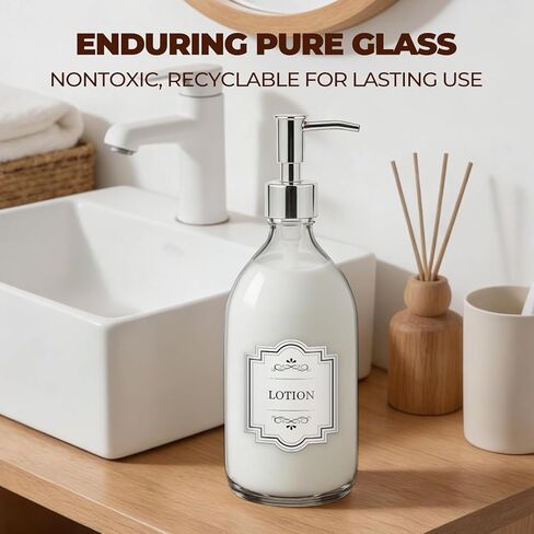 Homepicker 16 oz Clear Glass Soap Dispenser with Plastic Silver Pump, Glass Pump Bottle for Lotion Body Oil, 500ml Hand and Dish Soap Dispensers Set with Labels - 2 Pack in Saudi Arabia