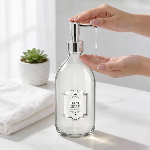 Homepicker 16 oz Clear Glass Soap Dispenser with Plastic Silver Pump, Glass Pump Bottle for Lotion Body Oil, 500ml Hand and Dish Soap Dispensers Set with Labels - 2 Pack in Saudi Arabia