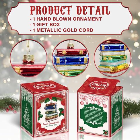 REXTOXA Stack of Books Glass Blown Christmas Ornament 2025 – Book Lover Gifts for Women, Readers, Bookworms, Book Club, Bookish Decor, Librarian Gift Ideas – 4.33 × 3.54 × 3.54 Inches with Display Box in Saudi Arabia