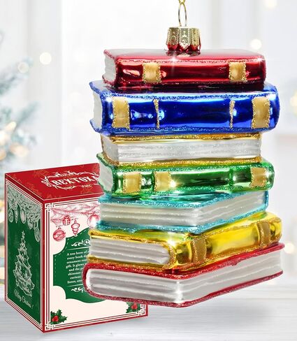 REXTOXA Stack of Books Glass Blown Christmas Ornament 2025 – Book Lover Gifts for Women, Readers, Bookworms, Book Club, Bookish Decor, Librarian Gift Ideas – 4.33 × 3.54 × 3.54 Inches with Display Box in Saudi Arabia