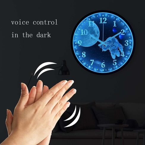 ساعة حائط بإضاءة ليلية LED مقاس 12 بوصة تتوهج في الظلام، ساعة حائط رائد فضاء للتحكم الصوتي، تعمل بالبطارية، غير موقوتة لديكور المنزل in Kuwait