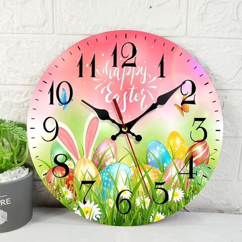 Subwest Wooden Wall Clock Silent Non-Ticking, Happy Easter Eggs Grass Butterflies Bunny Vintage Round Wall Clocks Decor for Home Kitchen Living Room Office, Battery Operated(12 Inch) in Saudi Arabia
