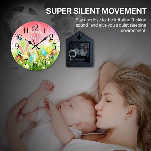 Subwest Wooden Wall Clock Silent Non-Ticking, Happy Easter Eggs Grass Butterflies Bunny Vintage Round Wall Clocks Decor for Home Kitchen Living Room Office, Battery Operated(12 Inch) in Saudi Arabia