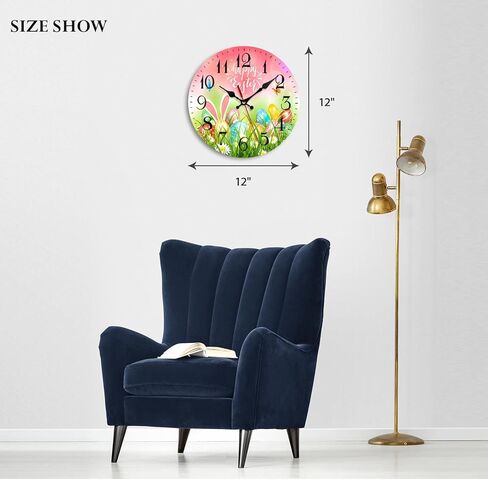 Subwest Wooden Wall Clock Silent Non-Ticking, Happy Easter Eggs Grass Butterflies Bunny Vintage Round Wall Clocks Decor for Home Kitchen Living Room Office, Battery Operated(12 Inch) in Saudi Arabia