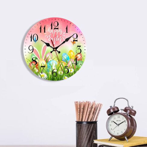 Subwest Wooden Wall Clock Silent Non-Ticking, Happy Easter Eggs Grass Butterflies Bunny Vintage Round Wall Clocks Decor for Home Kitchen Living Room Office, Battery Operated(12 Inch) in Saudi Arabia