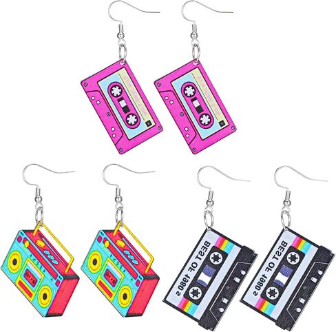 3 Pairs Vintage Cassette Tape Earrings 80s 90s Neon Earrings for Women Retro Geometric Drop Dangle Earring Candy Color Hoop Earring Cosplay Jewelry Party Accessories Outfit Gifts in Saudi Arabia