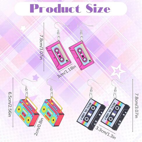 3 Pairs Vintage Cassette Tape Earrings 80s 90s Neon Earrings for Women Retro Geometric Drop Dangle Earring Candy Color Hoop Earring Cosplay Jewelry Party Accessories Outfit Gifts in Saudi Arabia