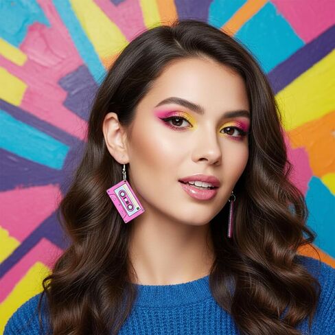 3 Pairs Vintage Cassette Tape Earrings 80s 90s Neon Earrings for Women Retro Geometric Drop Dangle Earring Candy Color Hoop Earring Cosplay Jewelry Party Accessories Outfit Gifts in Saudi Arabia