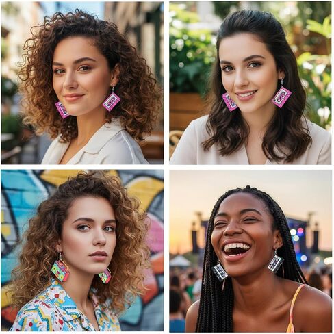 3 Pairs Vintage Cassette Tape Earrings 80s 90s Neon Earrings for Women Retro Geometric Drop Dangle Earring Candy Color Hoop Earring Cosplay Jewelry Party Accessories Outfit Gifts in Saudi Arabia