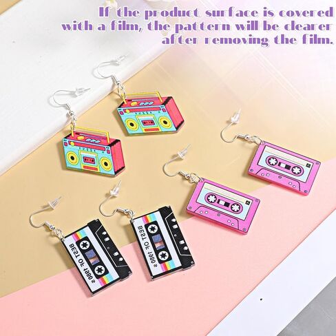 3 Pairs Vintage Cassette Tape Earrings 80s 90s Neon Earrings for Women Retro Geometric Drop Dangle Earring Candy Color Hoop Earring Cosplay Jewelry Party Accessories Outfit Gifts in Saudi Arabia