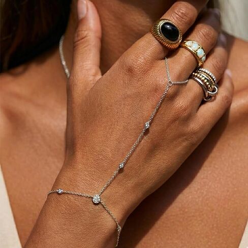 Hand Chain Tennis Bracelets for Women Trendy: Dainty Diamond Beaded Bracelet 14K Gold Plated/Silver Finger Ring Bracelet Hand Chain Jewelry Adjustable Sparkly Prom Bracelets in Kuwait