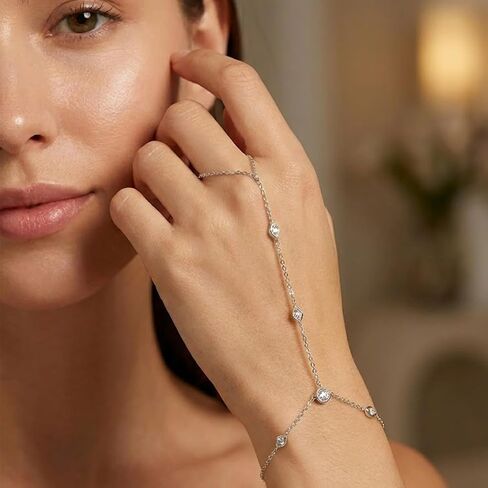 Hand Chain Tennis Bracelets for Women Trendy: Dainty Diamond Beaded Bracelet 14K Gold Plated/Silver Finger Ring Bracelet Hand Chain Jewelry Adjustable Sparkly Prom Bracelets in Kuwait