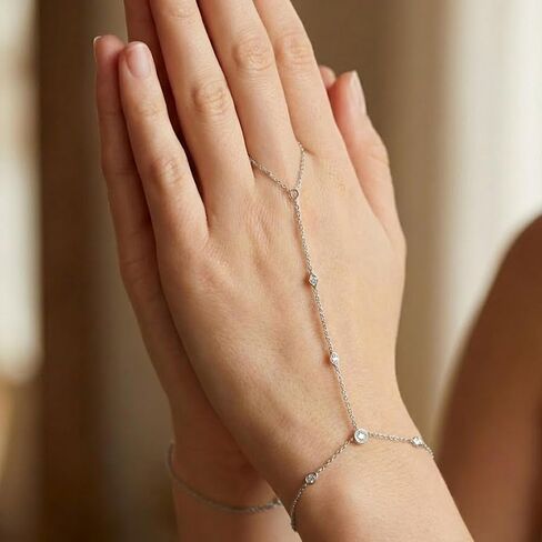 Hand Chain Tennis Bracelets for Women Trendy: Dainty Diamond Beaded Bracelet 14K Gold Plated/Silver Finger Ring Bracelet Hand Chain Jewelry Adjustable Sparkly Prom Bracelets in Kuwait