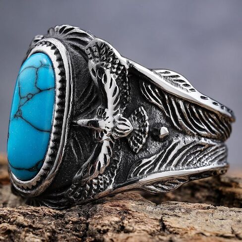 SMANXEY Men's Turquoise Titanium Steel Ring Engraved Eagle Design Vintage Western Navajo Native American Style, RDR Americana Biker Bold Jewelry in Saudi Arabia