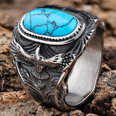 SMANXEY Men's Turquoise Titanium Steel Ring Engraved Eagle Design Vintage Western Navajo Native American Style, RDR Americana Biker Bold Jewelry in Saudi Arabia