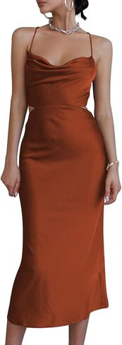 Women's Satin Straps Slip Cowl Neck Cocktail Midi Dress in Saudi Arabia