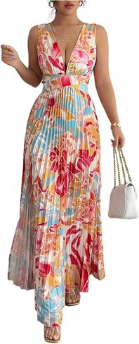 SOLY HUX Women's Boho Floral Maxi Dress Deep V Neck High Split Pleated Party Dresses Vacation Outfits in Saudi Arabia