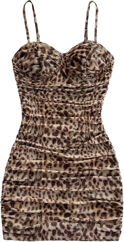 GORGLITTER Women's Cheetah Ruched Bodycon Mini Dress Y2k Leopard Animal Print Open Back Summer Going Out Club Dresses in Saudi Arabia