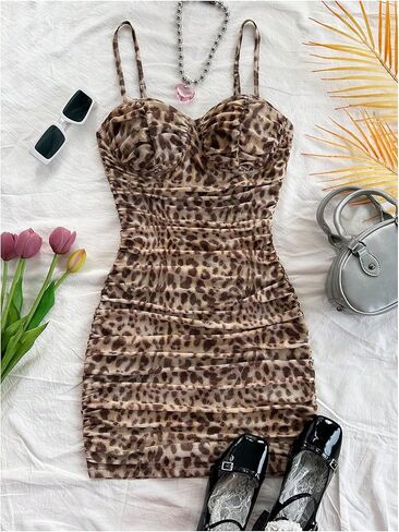 GORGLITTER Women's Cheetah Ruched Bodycon Mini Dress Y2k Leopard Animal Print Open Back Summer Going Out Club Dresses in Saudi Arabia