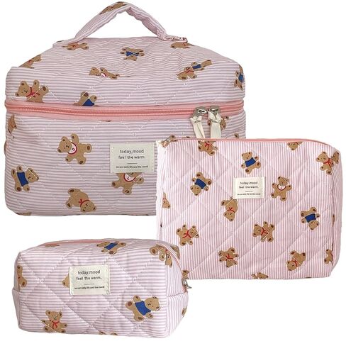 JINFANRUI 3PCS Quilted Make Up Bag Set Cute Cotton Make Up Pouch Blue Striped Bear Cosmetic Bag Set Large Travel Toiletry Bag For Women(B) in Saudi Arabia