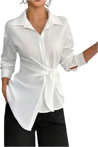 MakeMeChic Women's Long Sleeve Button Down Shirt Tie Side Dressy Business Blouse Tops in Saudi Arabia