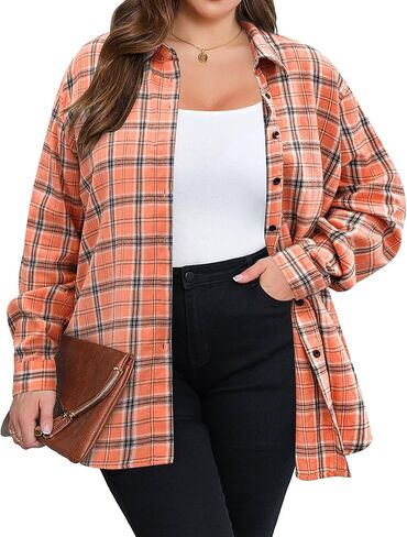 Womens Plus Size Flannel Plaid Shirt Roll Up Long Sleeve Mid-Long Button Down Shirts Casual Boyfriend Tops in Saudi Arabia