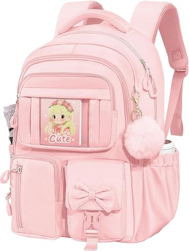 Tinrbip Kids Backpack for Girls, Cute Kawaii Blue Backpacks with Cartoon Doll, Aesthetic Multiple Pockets Bow Bookbag for Elementary Middle High School (Blue) in Saudi Arabia