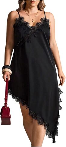 BEAUDRM Women's Plus Size Lace Cami Dress V Neck Spaghetti Strap Asymmetrical Going Out Midi Dresses in Saudi Arabia