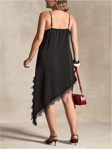 BEAUDRM Women's Plus Size Lace Cami Dress V Neck Spaghetti Strap Asymmetrical Going Out Midi Dresses in Saudi Arabia