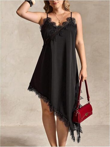 BEAUDRM Women's Plus Size Lace Cami Dress V Neck Spaghetti Strap Asymmetrical Going Out Midi Dresses in Saudi Arabia