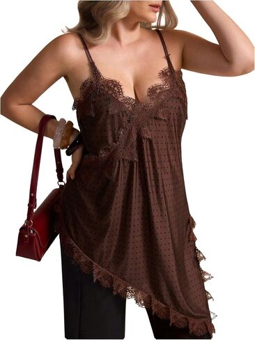 BEAUDRM Women's Plus Size Lace Cami Dress V Neck Spaghetti Strap Asymmetrical Going Out Midi Dresses in Saudi Arabia