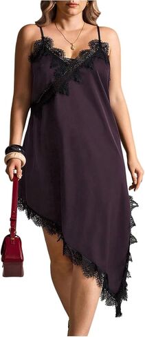 BEAUDRM Women's Plus Size Lace Cami Dress V Neck Spaghetti Strap Asymmetrical Going Out Midi Dresses in Saudi Arabia