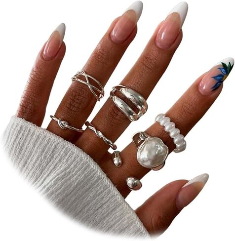 UANXLL حلقة مفتوحة من اللؤلؤ الباروكي الذهبي المكتنز والقابلة للتكديس، خواتم مفصل اللؤلؤ الفضية العصرية غير النظامية للنساء مجموعة هدايا مجوهرات أنيقة للحفلات in Kuwait