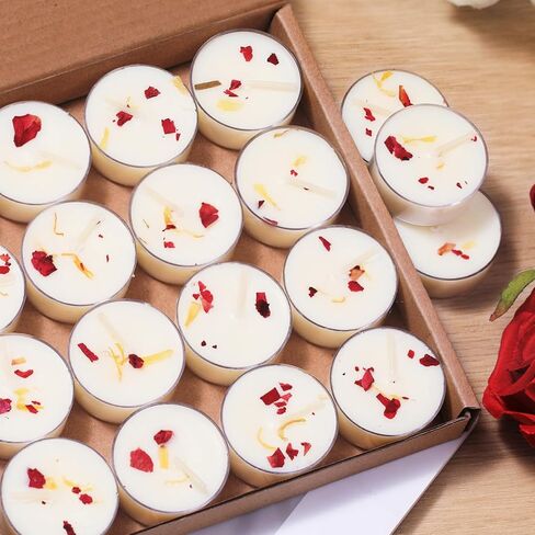 8Pcs Rose Scented Tealight Candles, Palm Wax White Tea Lights, 4h Long Burning Tea Light Candles with Dried Flowers for Holiday, Wedding, Spa, and Home Decoration in Saudi Arabia