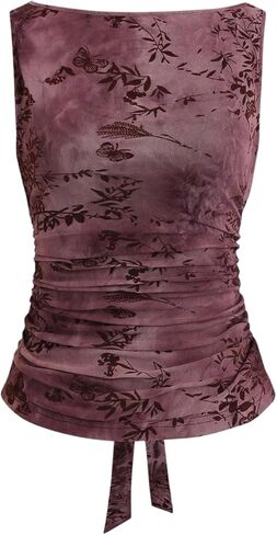 SHENHE Women's Floral Mesh Ruched Tank Tie Back Boat Neck Fitted Dressy Going Out Y2k Top Tank in Saudi Arabia