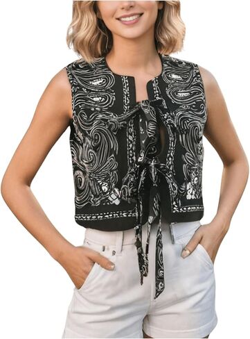 GORGLITTER Women's Bow Tie Front Vest Top Paisley Print Sleeveless Boho Country Concert Vest Tank Tops in Saudi Arabia