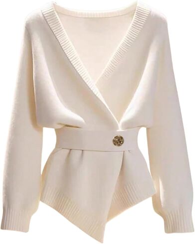 Verdusa Women's Old Money Wrap Sweater Asymmetrical Cinched Waist Belted Comfy Cardigan White Medium in Saudi Arabia