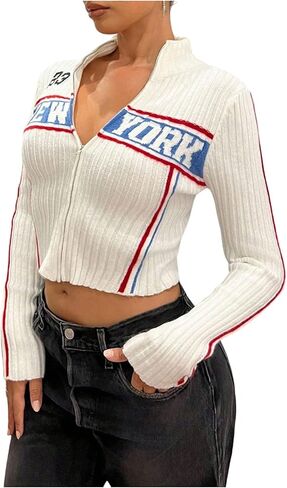 MakeMeChic Women's Number Print Jersey Crop Knit Top Long Sleeve Mock Neck Y2K Fall Sweater Cardigan in Saudi Arabia
