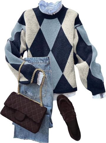 MakeMeChic Women's Argyle Plaid Sweater Crew Neck Long Sleeve Knit Vintage Pullovers in Saudi Arabia