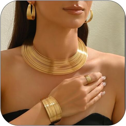 NOVYRA African Choker Necklace Bracelet Earrings Set for Women Dainty Chunky Gold Hoop Choker Necklace Wide Cuff Bangle Bracelets Exaggerated Ethnic Statement Jewelry Set for Women in Saudi Arabia