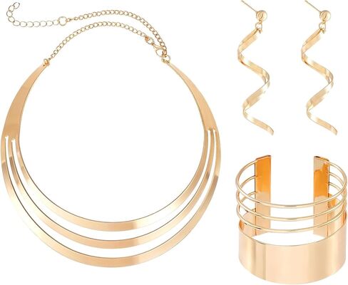 NOVYRA African Choker Necklace Bracelet Earrings Set for Women Dainty Chunky Gold Hoop Choker Necklace Wide Cuff Bangle Bracelets Exaggerated Ethnic Statement Jewelry Set for Women in Saudi Arabia