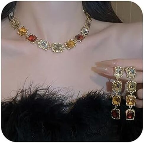 Octwine تألق الذهب خمر الراين الزفاف قلادة الأقراط مجموعة الزفاف حجر الراين قلادة استرخى أقراط مجموعات للعرائس وصيفه الشرف كريستال حفلة موسيقية اكسسوارات للنساء in Saudi Arabia
