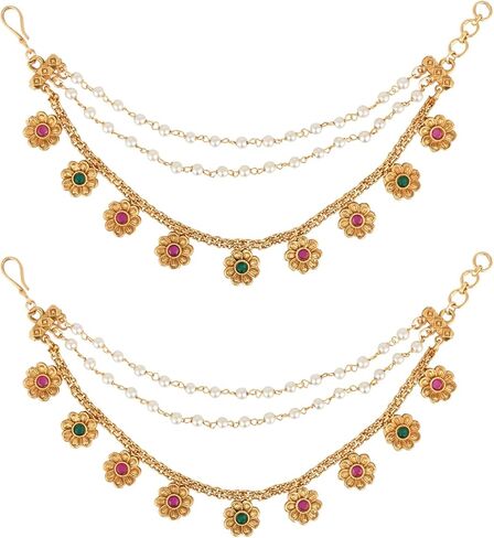 I Jewels Gold Plated Indian Wedding Bollywood Flower Pearl Layered Hair Chain/Ear chain Accessories with Hook for Women (E3214QG) in Saudi Arabia