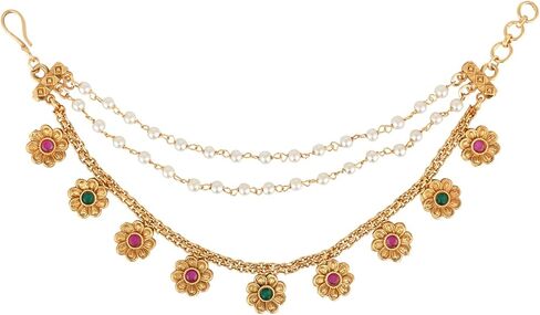 I Jewels Gold Plated Indian Wedding Bollywood Flower Pearl Layered Hair Chain/Ear chain Accessories with Hook for Women (E3214QG) in Saudi Arabia