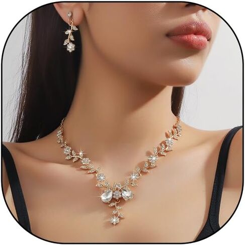JczR.Y Rhinestone Bridal Necklace Crystal Rhinestone Leaf Necklace Wedding Bridesmaid Choker Earrings for Women Bride Prom Party Statement Jewelry Set in Saudi Arabia