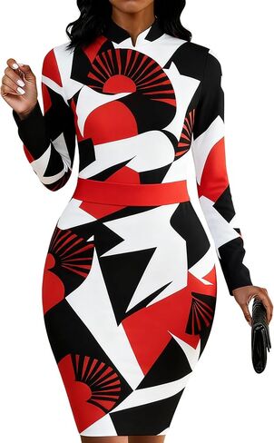 فساتين Bodycon النسائية طباعة الأزهار فستان العمل قلم رصاص طويل الأكمام طوق اليوسفي فساتين الكنيسة ميدي in Kuwait