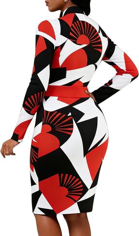فساتين Bodycon النسائية طباعة الأزهار فستان العمل قلم رصاص طويل الأكمام طوق اليوسفي فساتين الكنيسة ميدي in Kuwait