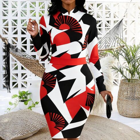 فساتين Bodycon النسائية طباعة الأزهار فستان العمل قلم رصاص طويل الأكمام طوق اليوسفي فساتين الكنيسة ميدي in Kuwait